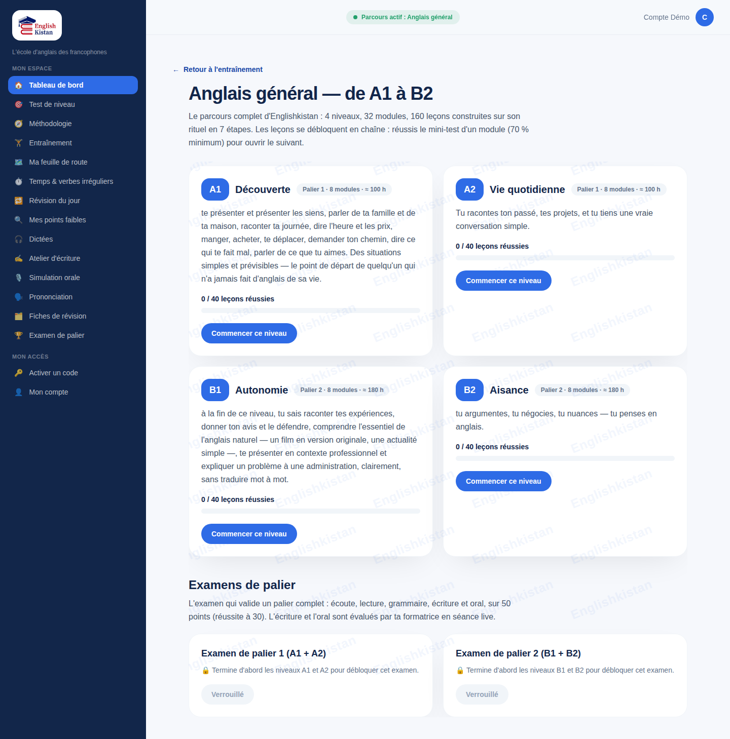 Hub du parcours Anglais général dans l'espace candidat Englishkistan : les 4 niveaux A1 Découverte, A2 Vie quotidienne, B1 Autonomie, B2 Aisance, et les examens de palier