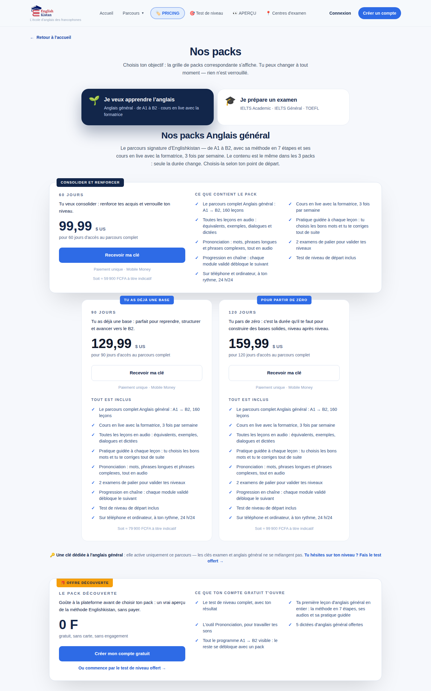 Page PRICING d'Englishkistan : le choix de l'objectif, la grille Anglais général en ordre croissant (99,99 $ US les 60 jours, 129,99 $ US les 90 jours, 159,99 $ US les 120 jours) et le Pack Découverte à 0 F